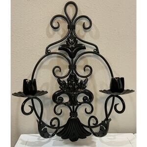 Vtg Wrought Iron Black Fleur De Lis Acanthus Candle Holder Hanging Wall Sconce
